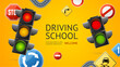 Realistic Detailed 3d Driving School Ads Banner Concept Poster Card. Vector illustration of Education, Training and Exam Rules of the Road