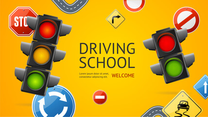 Wall Mural - Realistic Detailed 3d Driving School Ads Banner Concept Poster Card. Vector illustration of Education, Training and Exam Rules of the Road