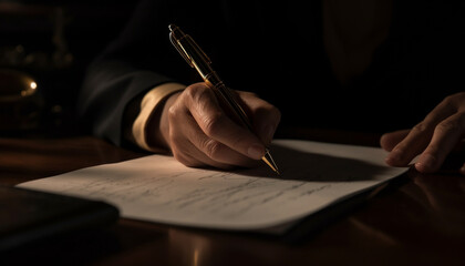 Sticker - Businessman holding pen, signing contract on desk with paperwork generated by AI