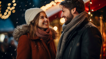 A young cheerful couple having a walk with hot drinks, dressed warm, looking at each other and laughing, snowflakes all around. Enjoying Christmas Market. Chrismas scenery