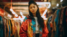 Retro Active Fashion Enthusiast People In A 90s And 2000s Inspired Style. Young Asian Woman
