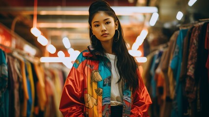 Wall Mural - Retro Active fashion enthusiast people in a 90s and 2000s inspired style. Young asian woman