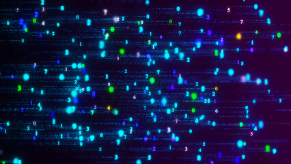 Poster - Flying random numbers. Blue matrix background. Stream of decimal digits. 3D render