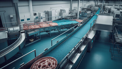 Modern factory uses automated machinery on production line for food packaging generated by AI