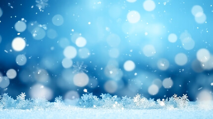 Shiny blue christmas bokeh light background with snowflake, defocus luxury romantic light decoration, abstract blurred glitter xmas holiday card invitation design with copy space ai generate