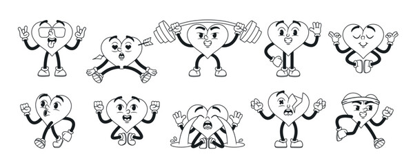  Black And White Set Of Cartoon Heart Characters, Showcasing A Range Of Emotions, From Love-struck To Heartbroken