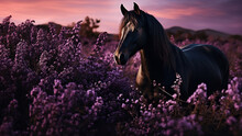 A Black Horse In A Field Of Purple Flowers.