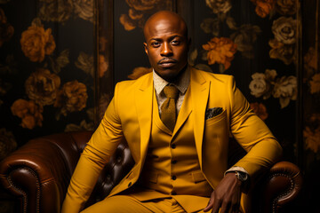 Captivating African man exuding sophistication and elegance in chic yellow suit with tie, an epitome of urbanity.