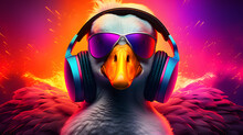 Music Dj Goose With Sunglasses And Headphones - Colorful Synthwave Neon Background
