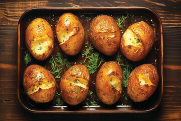 Wall Mural - Homemade roasted potatoes with salt, pepper, dill and herb decoration, top view