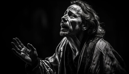  Bearded musician triumphs in black and white portrait, focusing on foreground generated by AI