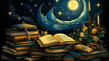 Nostalgic Stack Of Classic Bedtime Storybooks, Reading Glasses And Lamp, Under A Tranquil Night Sky With Crescent Moon And Stars - An Ode To Knowledge, Imagination And Comfort.