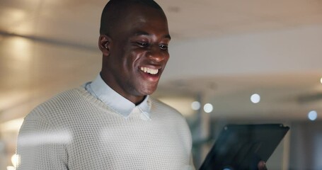 Aufkleber - Happy, office and business black man on tablet for internet, website research and online at night. Networking, corporate worker and person on digital tech for planning schedule, agenda and project