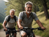 Two men - friends or couple cycling in a park, in nature leading healthy lifestyle. Aged people sport concept.