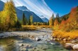 Beautiful Canadian mountain scenery with a river, trees, and peaks in pleasant autumn weather. Located between Whistler and Squamish, Brandywine Meadows is a scenic spot in British. Generative AI