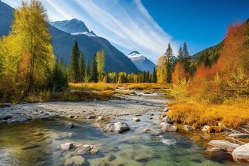  Beautiful Canadian mountain scenery with a river, trees, and peaks in pleasant autumn weather. Located between Whistler and Squamish, Brandywine Meadows is a scenic spot in British. Generative AI