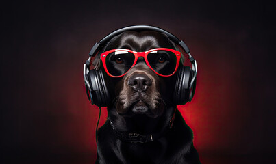 Stylish labrador dog DJ with glasses and headphones