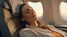Beautiful Young Woman Sleeping On Airplane Seat 