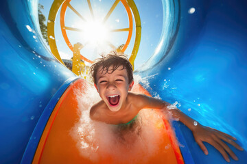 Energetic Youngster Sliding Down Colorful Water Slide