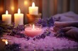 Cleansing bath with candles, aroma salt, lavender on tub table. Generative AI