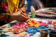 Capture an artistic workshop with student experimenting with different art forms, surrounded by colors and creative tools
