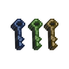 Poster - Isometric Pixel art 3d of key for items asset. simple 3d blue,green,and yellow key on pixelated style.8bits perfect for game asset or design asset element for your game design asset.