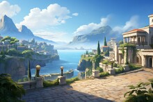 Coastal Town In Ancient Greece With Sea View, Cobblestone Road, Colonnade Temple Overlooking Sea And Mountains. Historic Recreation Art. Generative AI