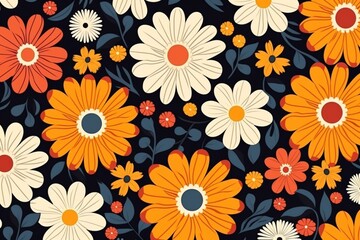 Seamless pattern with retro hippie vintage flowers representing 1970s and 1980s fashion with flat art. Generative AI