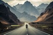 Biker on road amid mountains. Generative AI