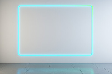 Poster - Creative light neon blue gallery interior with mock up frames on concrete wall. Future concept. 3D Rendering.