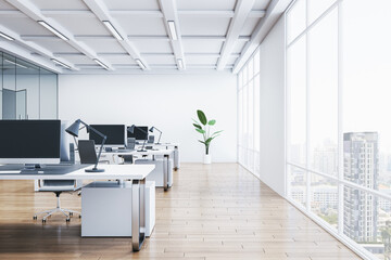 Wall Mural - Clean coworking office interior with furniture, wooden flooring, window with city view, glass partitions and other objects. 3D Rendering.