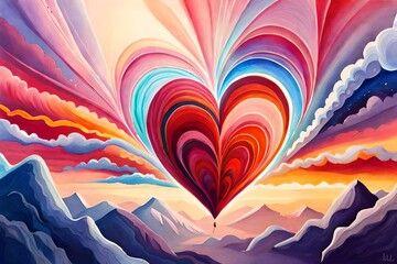 red heart love mind mental flying healing in universe spiritual soul abstract health art power watercolor painting illustration design