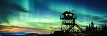 Mystical silhouette of Jura watchtower against night sky illuminated by otherworldly Northern Lights, embodying tranquility and seclusion in a timeless alpine landscape.