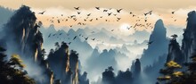 A Flock Of Birds Flying Over A Mountain Range And Trees Of A Fantasy Landscape With Misty Valley, Sunrise, Digital Painting