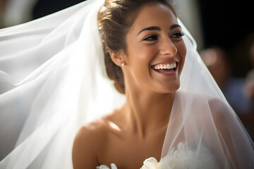 A candid photo of a young bride at her summer wedding, expressing genuine emotion. Her face radiates happiness and gratitude, capturing an authentic moment