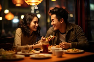 a young asian couple enjoying a romantic dinner in a restaurant at night with a big smile