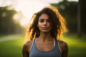 Wall Mural - young latin woman with curly hair wearing sport clothes in a public park  looking directly to camera