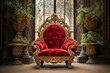 Opulent chair adorned in gold and red velvet. Generative AI