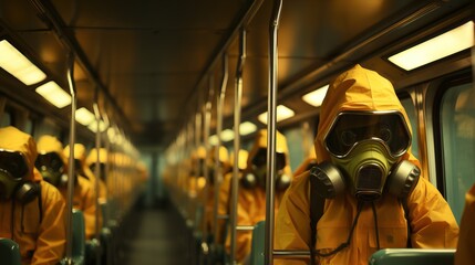 Wall Mural - a group of people wearing yellow hazmat suits and gas mask