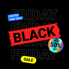 Wall Mural - Typography banner for Black Friday. Modern linear text symbol of Black Friday with holographic sticker and discount offer. Design template for Black Friday sale, advertising and social media.