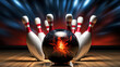 The bowling ball is ready to be hit. Image of a bowling ball hitting pins and exploding. 