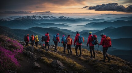 young group of people hiking on mountain friends helping each other hike up a mountain