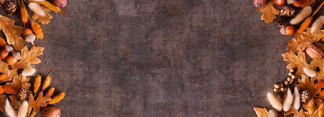 Poster - Colorful autumn leaves, nuts and grasses. Double border over a rustic dark banner background. Overhead view with copy space.