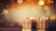 abstract golden bokeh, two Christmas presents next to each other, glittering sparkling golden wrapping paper, wrapped in luxurious golden elegant wrapping