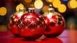Red Christmas tree balls with golden color elements, three balls next to each other, blurred, bokeh, abstract Christmas background