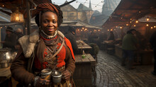 Ancient And Medieval, Knightly Era, Woman With A Jug Standing At A Market Stall Or Restaurant And Bar, African-American Dark-skinned Black Woman, Past History
