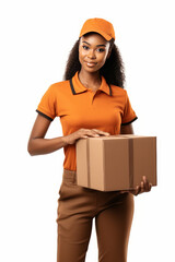 Wall Mural - Cute African american girl employee of the Parcel delivery company in orange uniform, friendly, with a parcel in her hands.generative ai