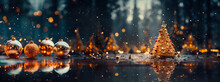 In A Snowy Forest, A Resplendent Christmas Tree Is Adorned With Twinkling Gold And Red Ornaments. Their Reflection In Tranquil Waters Amplifies The Magic. Generative AI