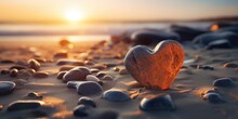 Stone In Shape Of Heart On Beach By Sea, Generative Ai