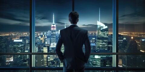 Businessman standing in office interior and looking to night city. Success, vision and future concept, generative ai